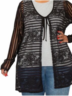 Coin 1804 Black Lace Striped Tie Front Kimono Cardigan Duster Plus Size 1X